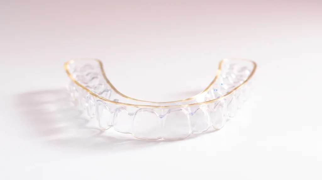รีเทนเนอร์ใสหรือเครื่องมือจัดฟันแบบใสตั้งอยู่บนพื้นขาวสะอาด สะท้อนแสงนวล คลินิกทันตกรรม AuraWhite บางพลี