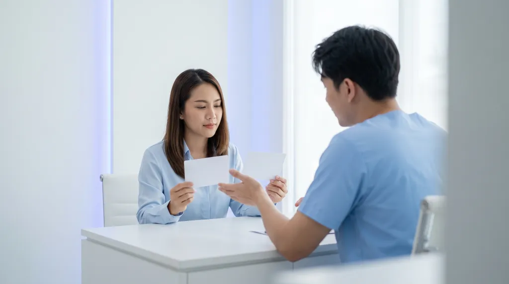 คนไข้ถือบัตรสองใบไว้คนละมือ ขณะที่เจ้าหน้าที่อธิบายเปรียบเทียบให้ฟังที่โต๊ะปรึกษา คลินิกทันตกรรม AuraWhite บางพลี