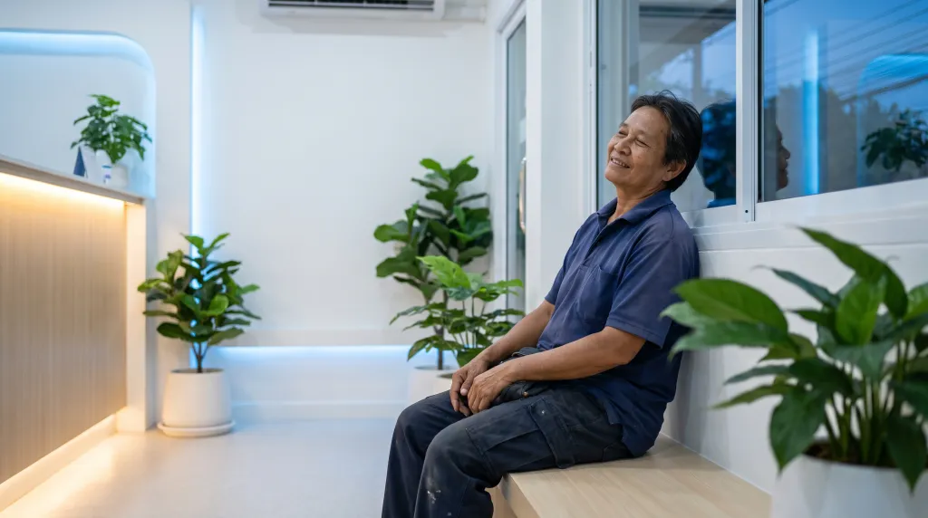 คนไข้ในชุดทำงานนั่งพักในโซนพักคอยของคลินิกช่วงหัวค่ำหลังเลิกกะ คลินิกทันตกรรม AuraWhite บางพลี