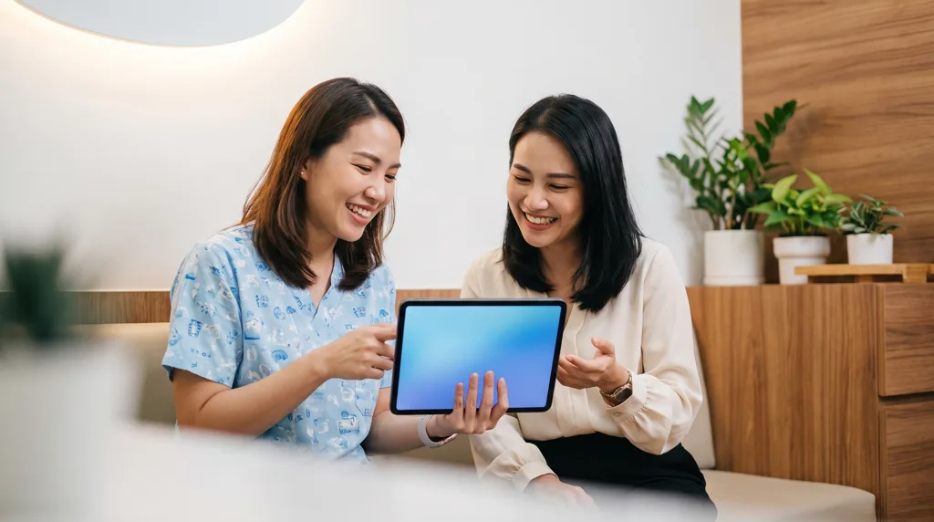 ทันตแพทย์ถือแท็บเล็ตอธิบายให้คนไข้ดูในคลินิกที่สว่างสะอาด สื่อถึงการส่งต่อข้อมูลการรักษา คลินิกทันตกรรม AuraWhite บางพลี