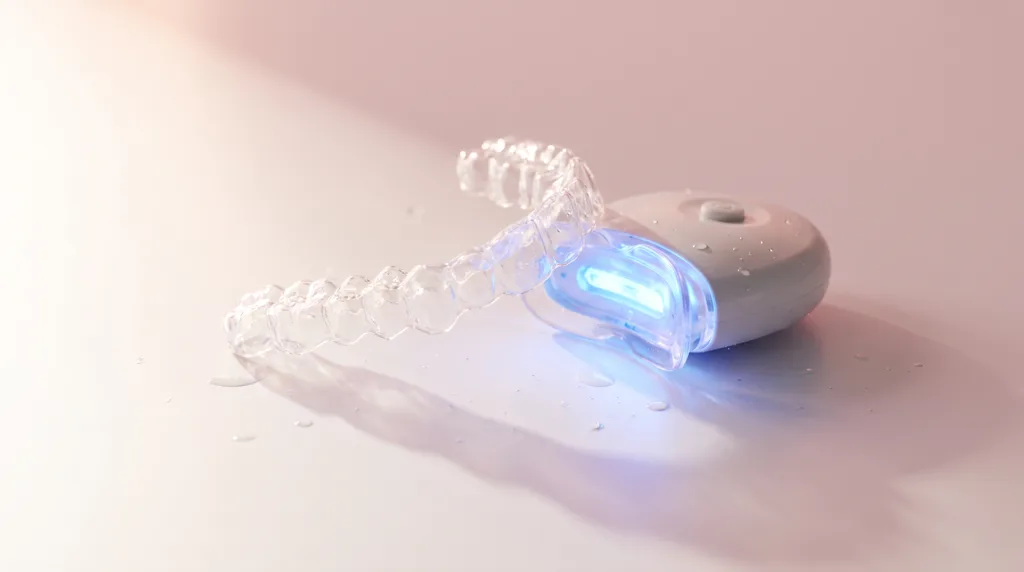 ถาดฟอกสีฟันแบบใสและเครื่องฉายแสง LED ขนาดเล็กวางคู่กัน