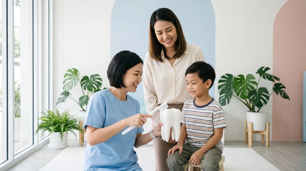 ทันตแพทย์สอนเด็กเล็กแปรงฟันด้วยโมเดลฟันขนาดใหญ่ โดยมีคุณแม่ยืนดูอยู่ข้าง ๆ ในคลินิกที่สว่างสะอาด คลินิกทันตกรรม AuraWhite บางพลี