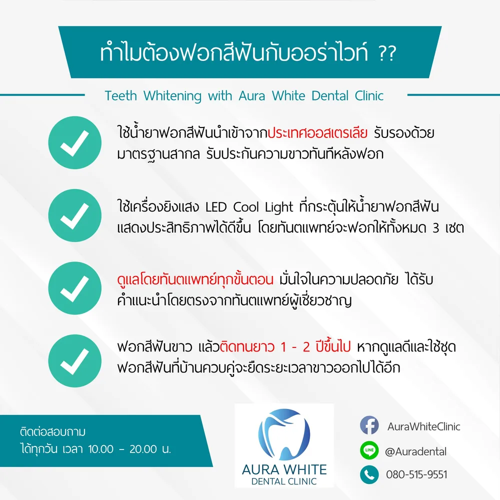 อินโฟกราฟิกเหตุผลที่ควรฟอกสีฟันกับออร่าไวท์ น้ำยานำเข้าและเครื่องยิงแสง LED คลินิกทันตกรรม AuraWhite บางพลี